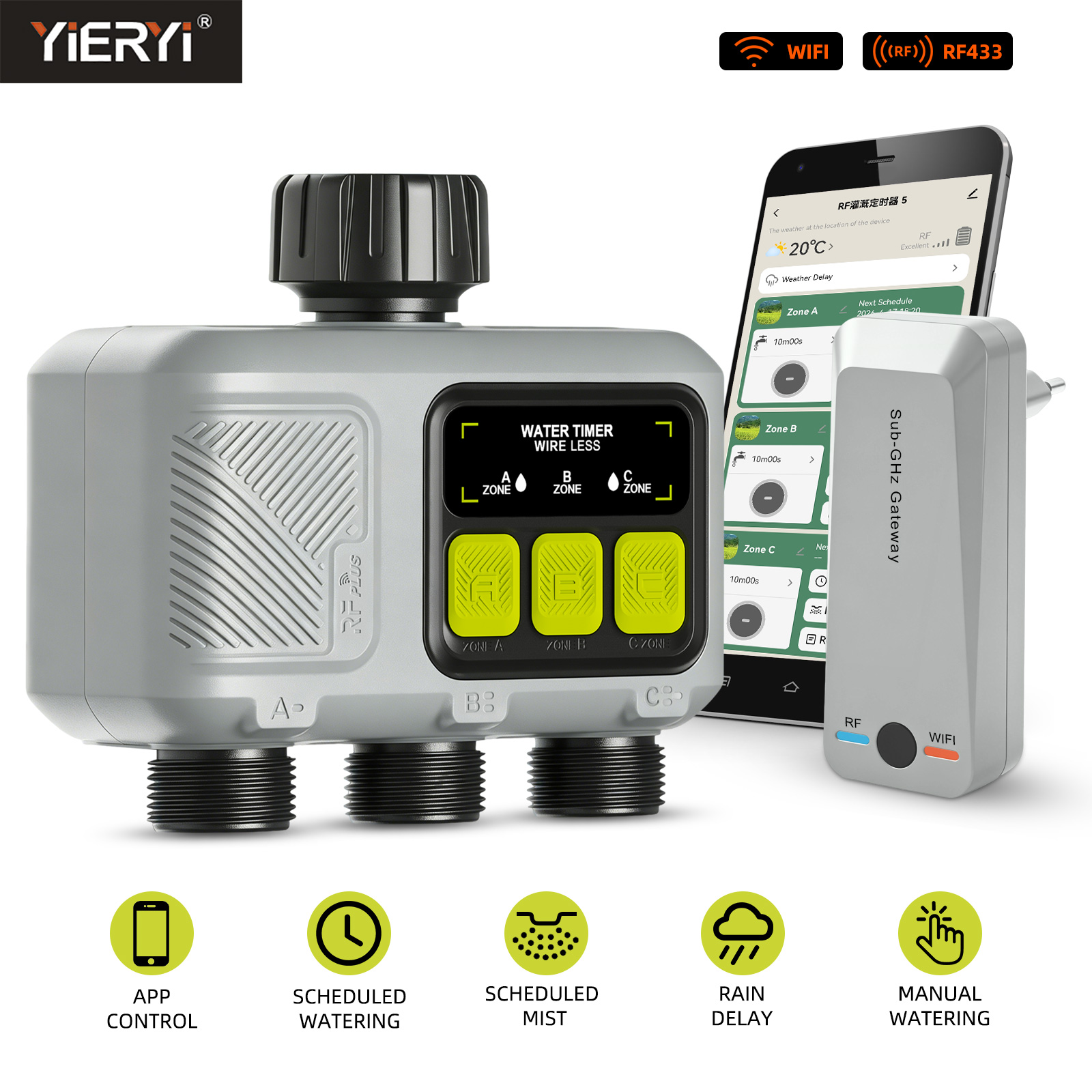 Smart Garden Zone - Yieryi 3ゾーンスマートウォータータイマー WiFiガーデン散水コントローラー ミスト＆散水モード アプリ遠隔操作自動灌漑システム
