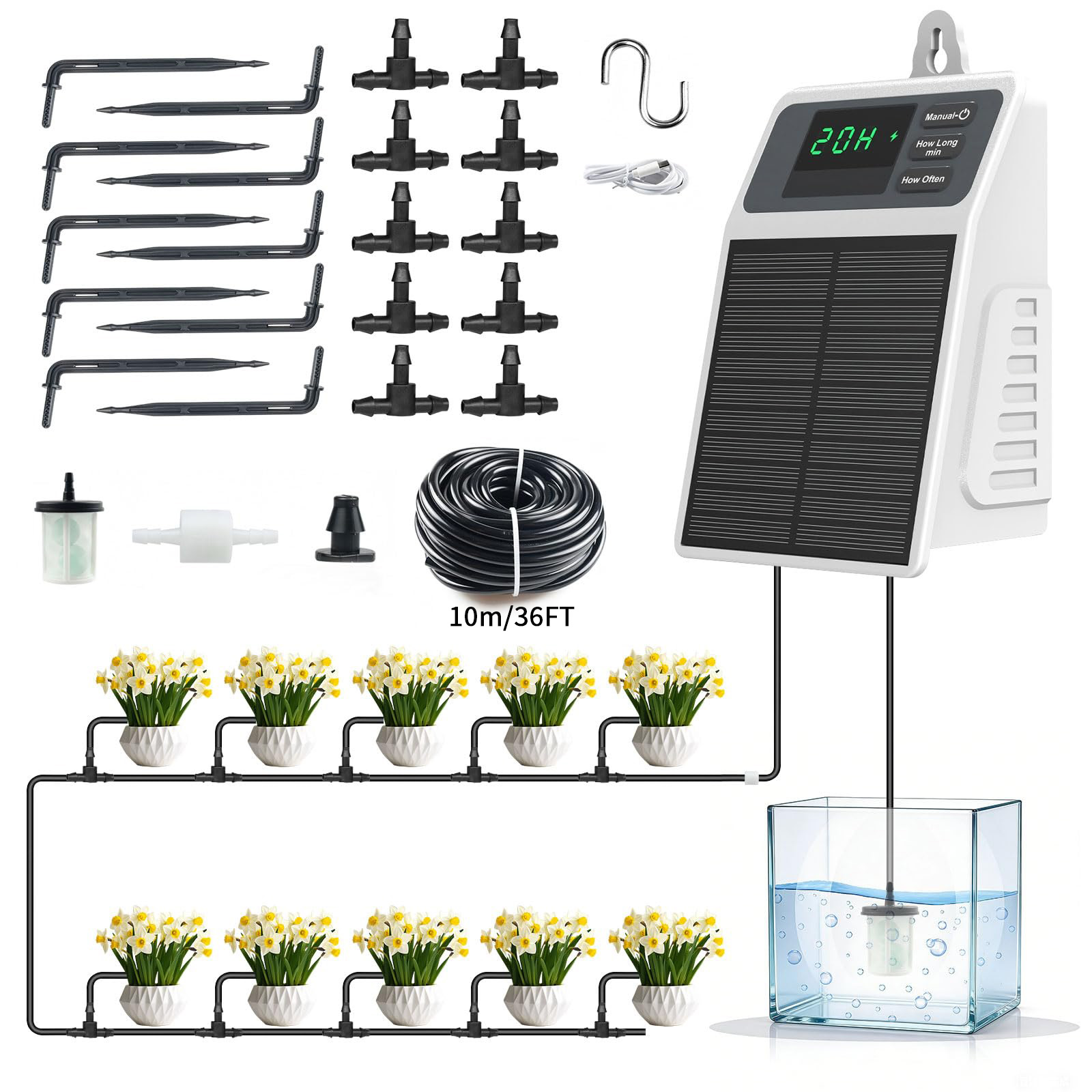Yoocaa Smart Garden - 改良型ソーラー点滴灌漑システム 自動散水装置 家庭菜園、バルコニー、温室、吊り下げ植物用
