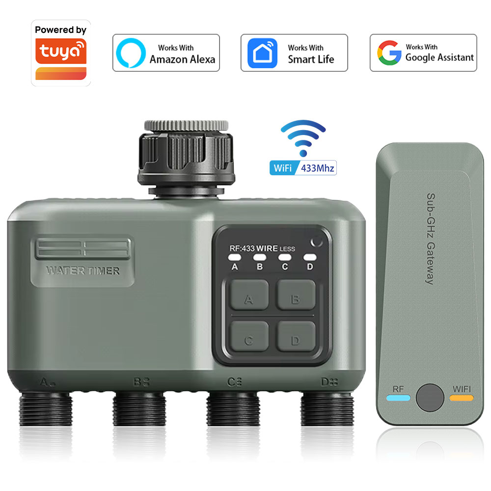 Yoocaa Smart Garden - 4口プログラマブル水タイマー（ガーデンホース用）、雨天時遅延/自動散水システム付き、庭や芝生用のデジタル灌漑システム